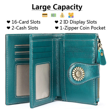 Small Women’s Leather Bifold Wallet with RFID & Zipper Coin Pocket